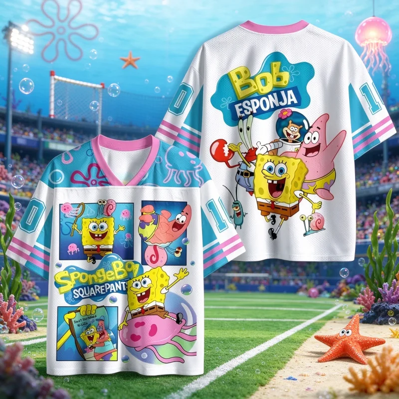Family Matching 2026 Summer SpongeBob SquarePants Cartoon 3D Printed Sports Jersey Men Women Short Sleeve T-shirt Breathable Top