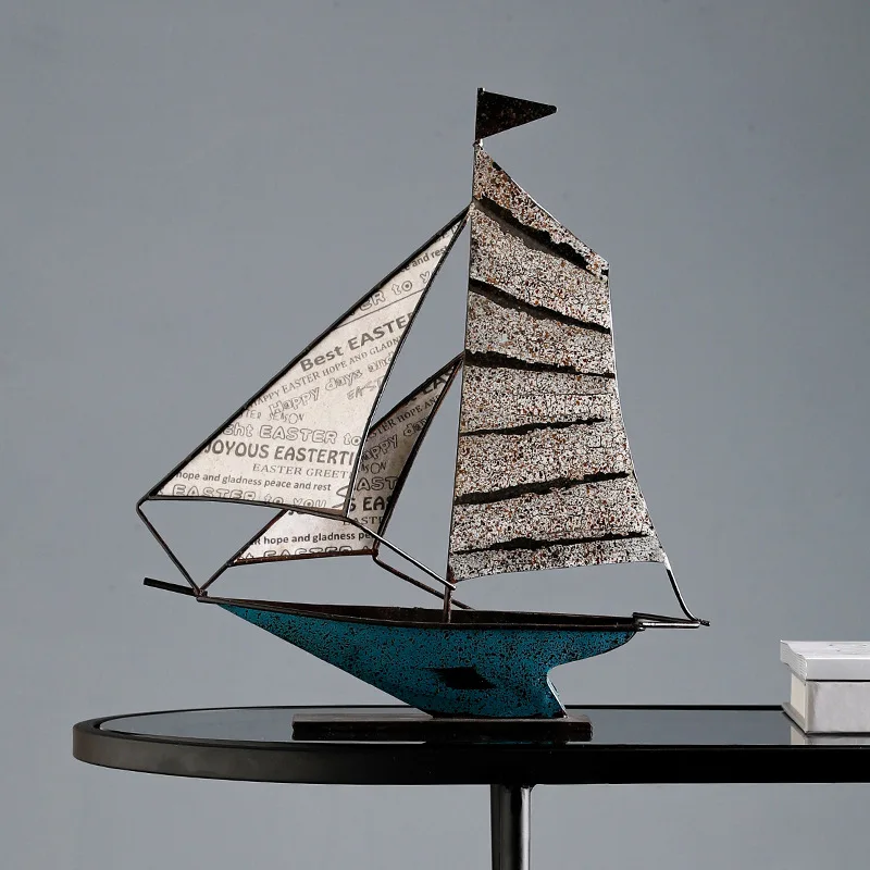 1Pcs Iron Sailboat Desktop Boat Statue, Office Figurine Collection, Home Cabinet, Table, Central Living Room Decoration