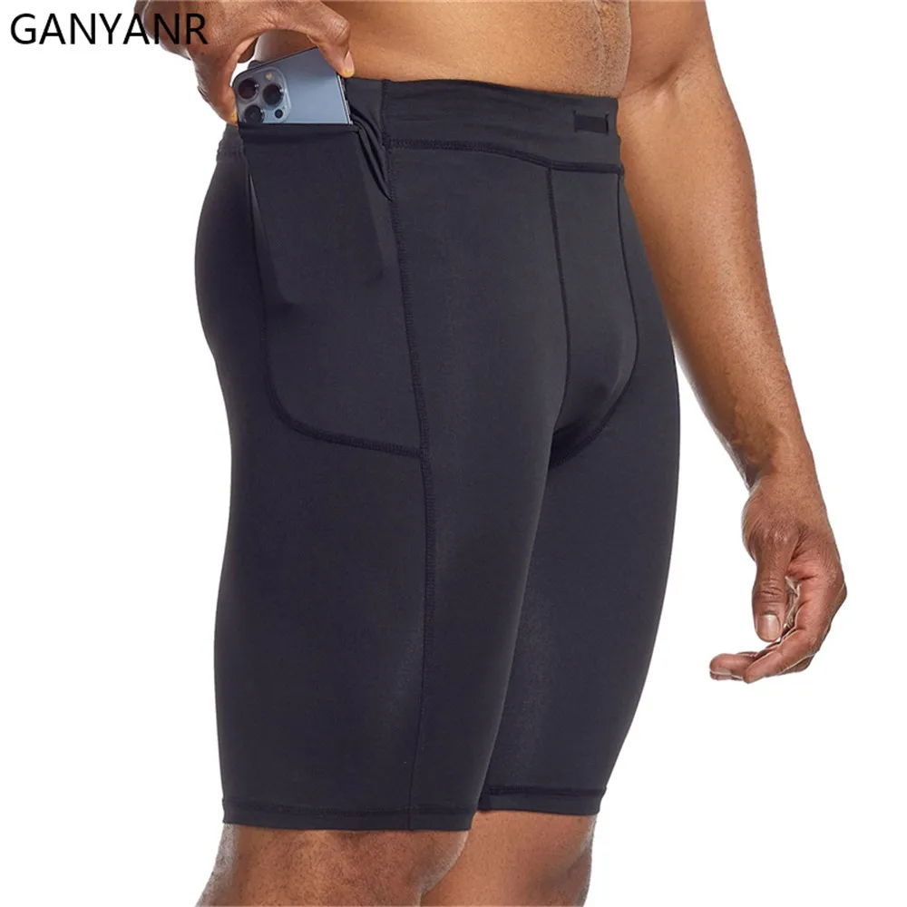 GANYANR mens running tights shorts with pockets Compression Cycling Yoga workout Leggings Football Sports gym basketball soccer