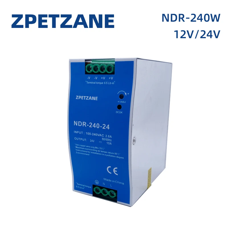 

NDR-240W Switching Power Supply 12/24V Ultra Thin Single Output DIN Rail Mounting AC DC For Electrical Equipment SMPS