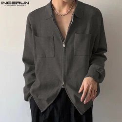 INCERUN Tops 2024 Korean Style New Men's Double Head Zippered Lapel Design Shirts Casual Simple Street Long Sleeved Blouse S-5XL