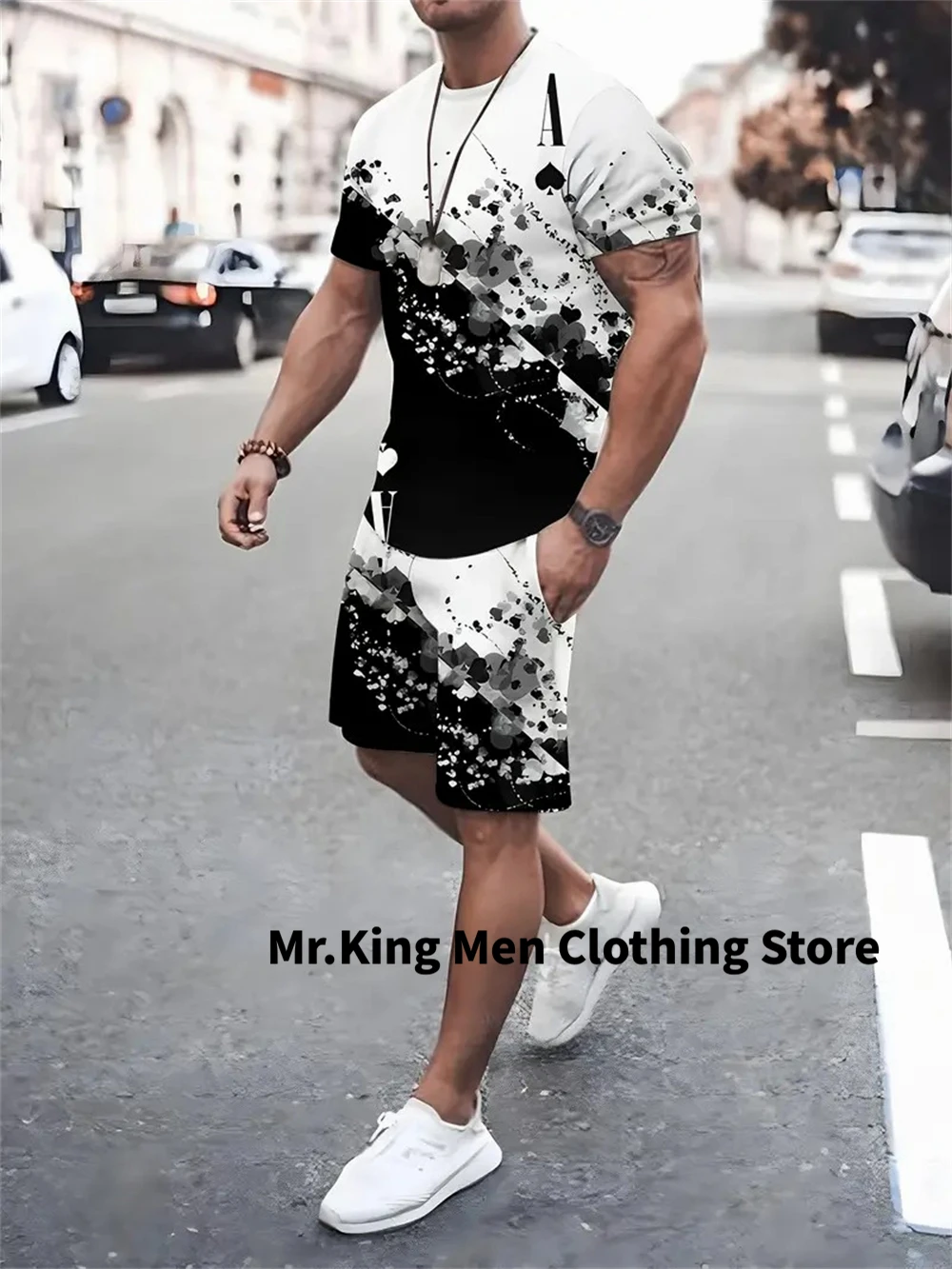 Summer Casual Men's Suit Fashion 3D Playing Card Printed Short Sleeves And Shorts Suit Men O Neck T shirt Sport Wear Two Piece