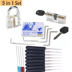 5 IN 1 Locksmith Pick Training Kit with 2pcs Transparent Locks,Broken Key Remover and Tension Wrench Tool