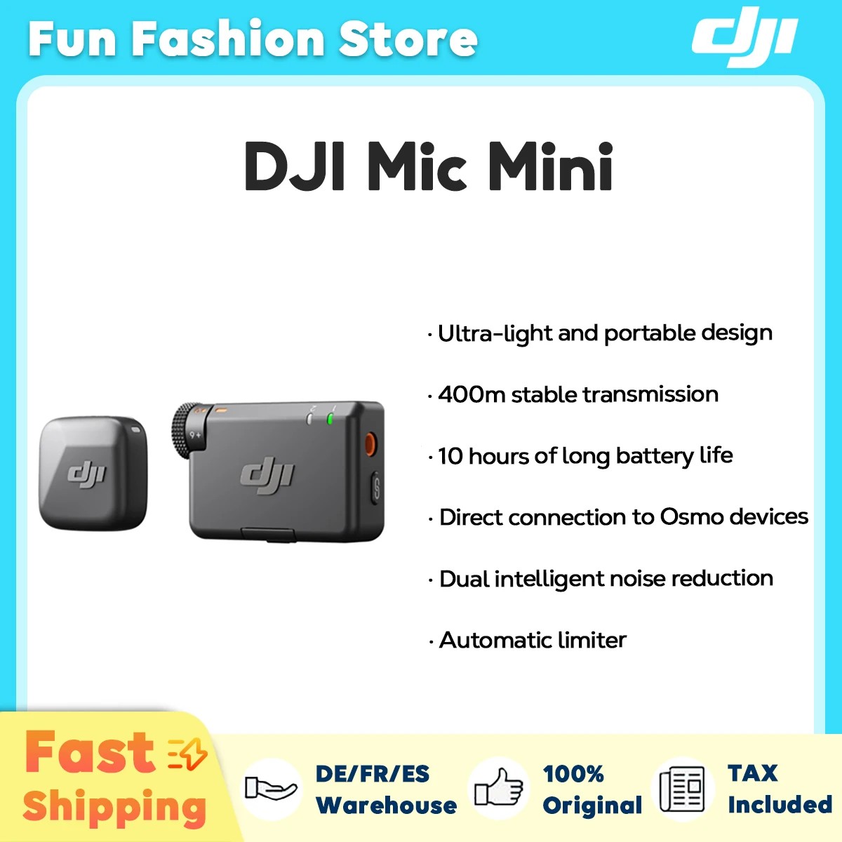 DJI-Mic Mini Microfone Sem Fio, Cancelamento Inteligente de Ruído, Áudio de Alta Qualidade, 2 TX Plus 1 RX, 1 TX + 1 RX