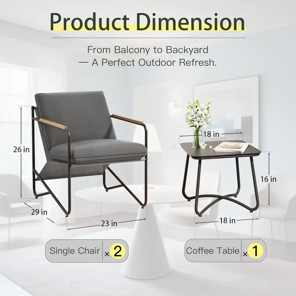 مجموعة أثاث خارجي مكونة من 3 قطع باللون الرمادي: كرسيين وطاولة زجاجية للفراحات الصغيرة والشرفات والفناء الخلفي #4