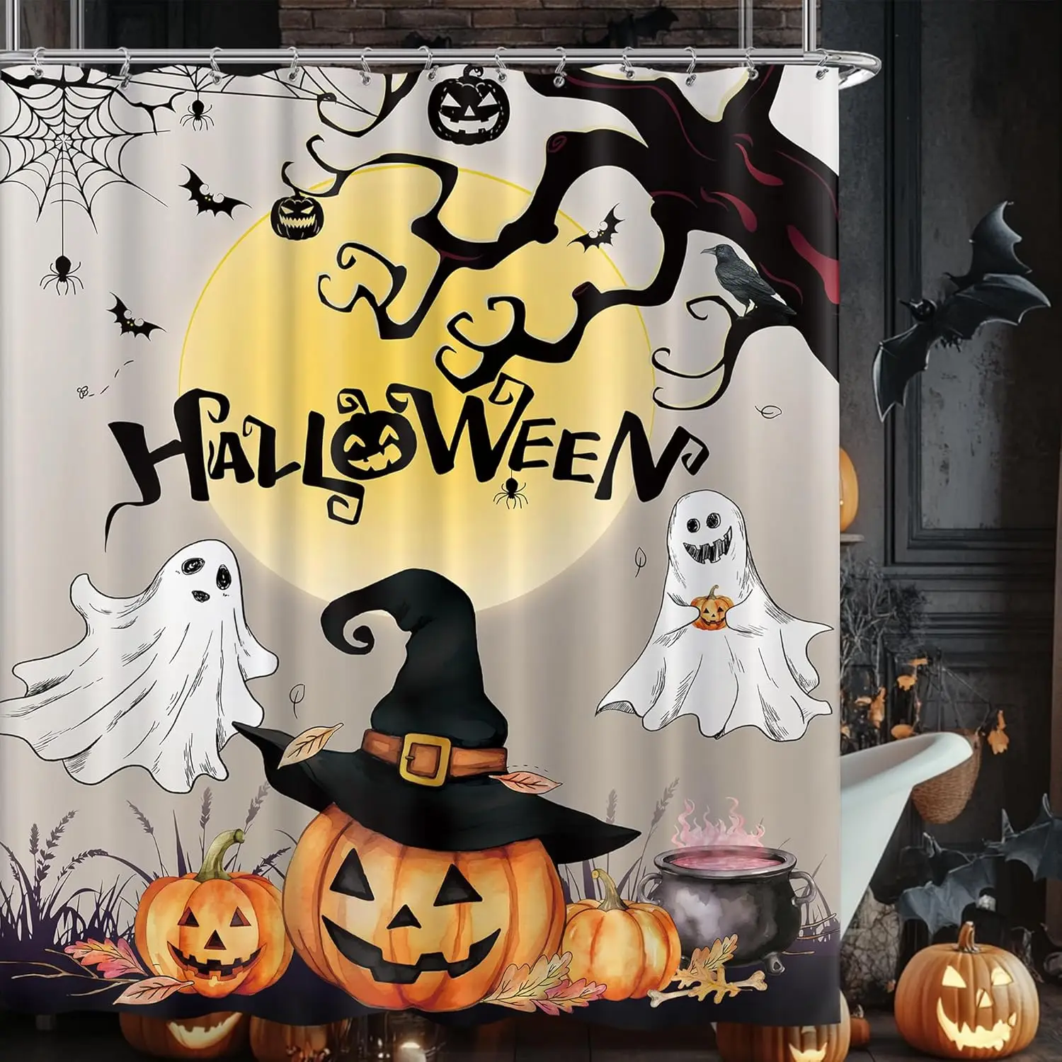 

Cute Halloween Ghost Spooky Shower Curtain for Bathroom Pumpkin Funny Bat Bathtub Decor
