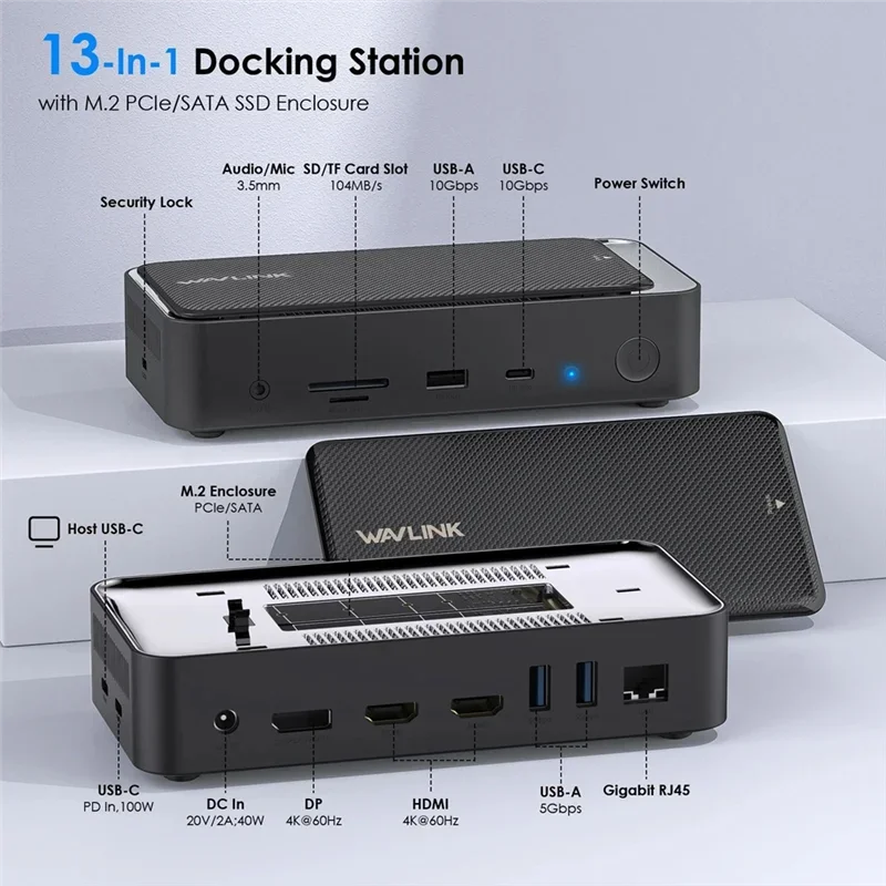 

Док-станция USB C 13-в-1, тройной дисплей 4K при 60 Гц, корпус M.2 Pcie/SATA SSD