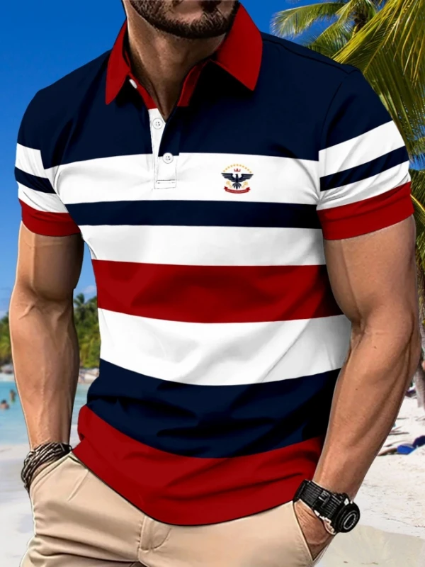 Summer Men's Chest Print Polo Fashion Digital Print Polo Lapel Button Polo Machine Washable