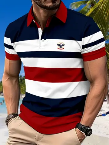 Summer Men's Chest Print Polo Fashion Digital Print Polo Lapel Button Polo Machine Washable