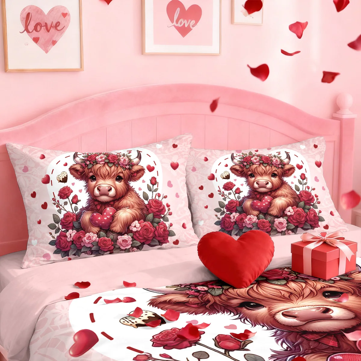 3pcs Valentine's Day Pink Highland Cow Print Coreless Bedding Set Multiple Sizes Bedrooms Bedding Decoration Machine Washable