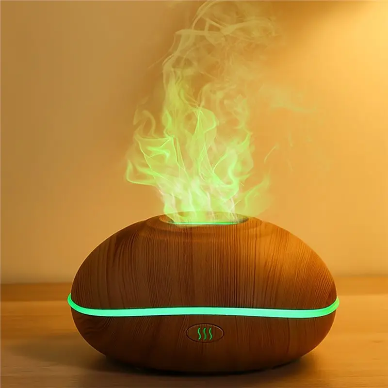 TCF-Air Humidifier Wood Grain Design Flying Saucer Aromatherapy Diffuser 7-Color LED Flame Ultrasonic Cool Mist