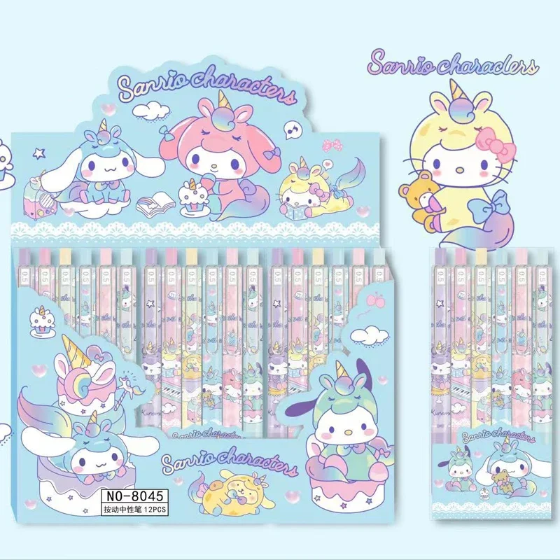 12Pcs/Pack Set Cute Unicorn Sanrio Cartoon Gel Pens Mymelody Kuromi Cinnamoroll Signature Pen Stationery