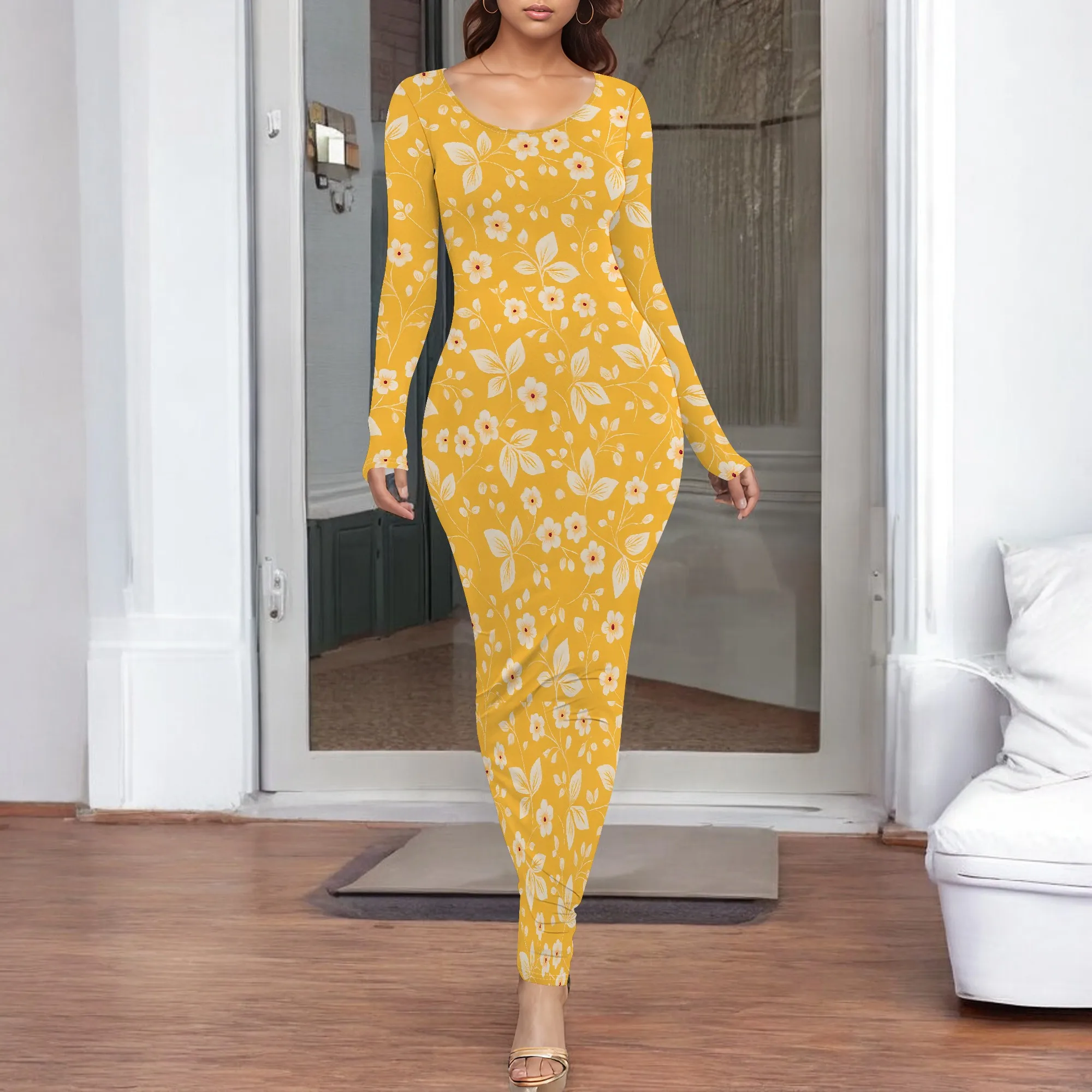 

Maxi Bodycon Dress for Curvy Women Long Sleeves Low Cut Scoop Neck Fall Casual Elegant Sexy