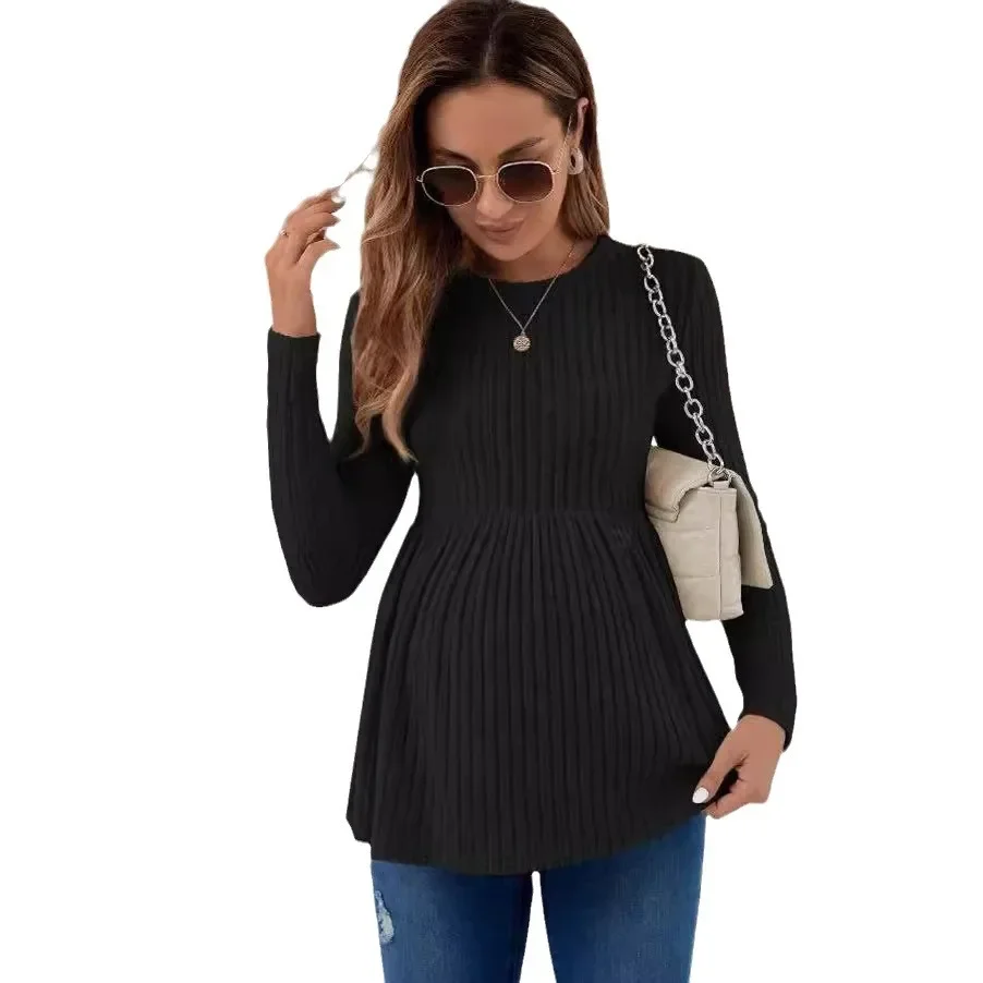 Autumn American Casual Knitted Shirts for Maternity Long Sleeve A Line Loose Clothes for Pregnant Women Pregnancy Tops