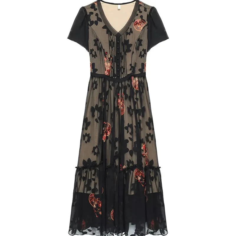 

Chiffon 2023 New Summer Femininity Age-reducing V-neck Middle-aged And Old-aged Women's Waist Slim Print Dress Tide