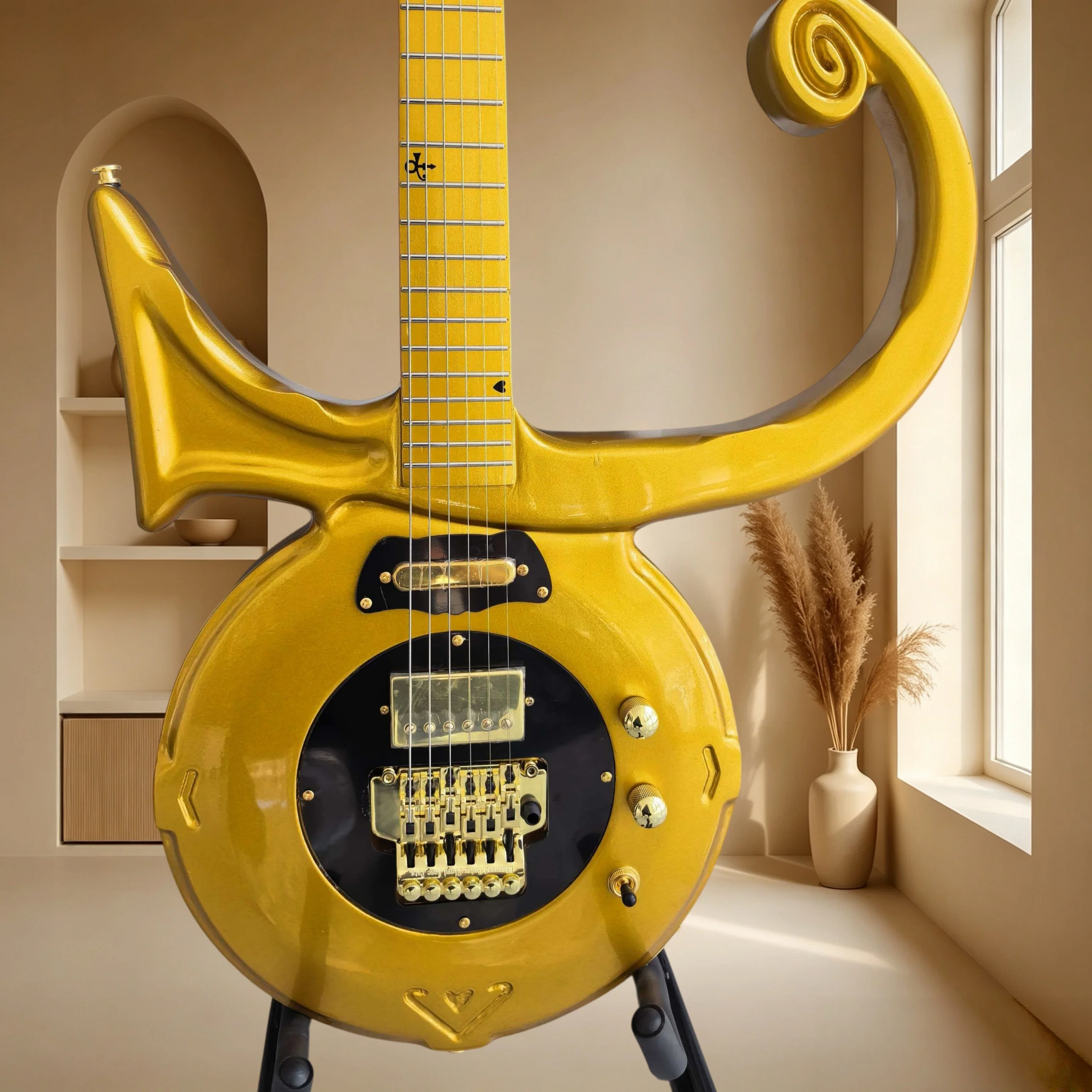 Gold Prince Symbol Shape Electric Guitar Basswood Body Gold Hardware Tremolo System Stage Performance Collection Free Shipping
