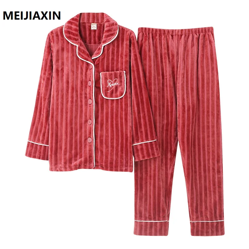 New Winter Thick Warm Women Pajamas Set Flannel Ladies Sleepwear Long Sleeve Turn-down Collar M-3XL Female Pyjamas