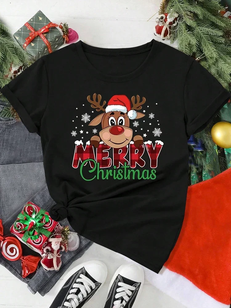 Merry Christmas Cute Reindeer Print Red T-Shirts for Women Casual Short Sleeve O-neck T-Shirts Ladies Y2k Christmas Party Tops