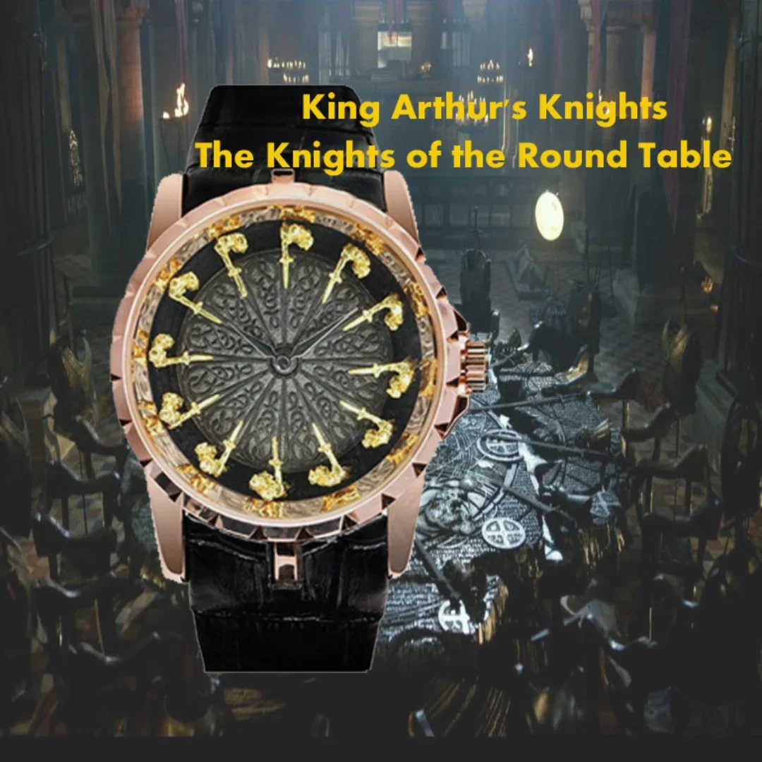 Fashion Designer Knights Figurines Hour Markers Watch. Excalibur Knights of The Round Table Leather Strap Mens Quartz Wristwatch