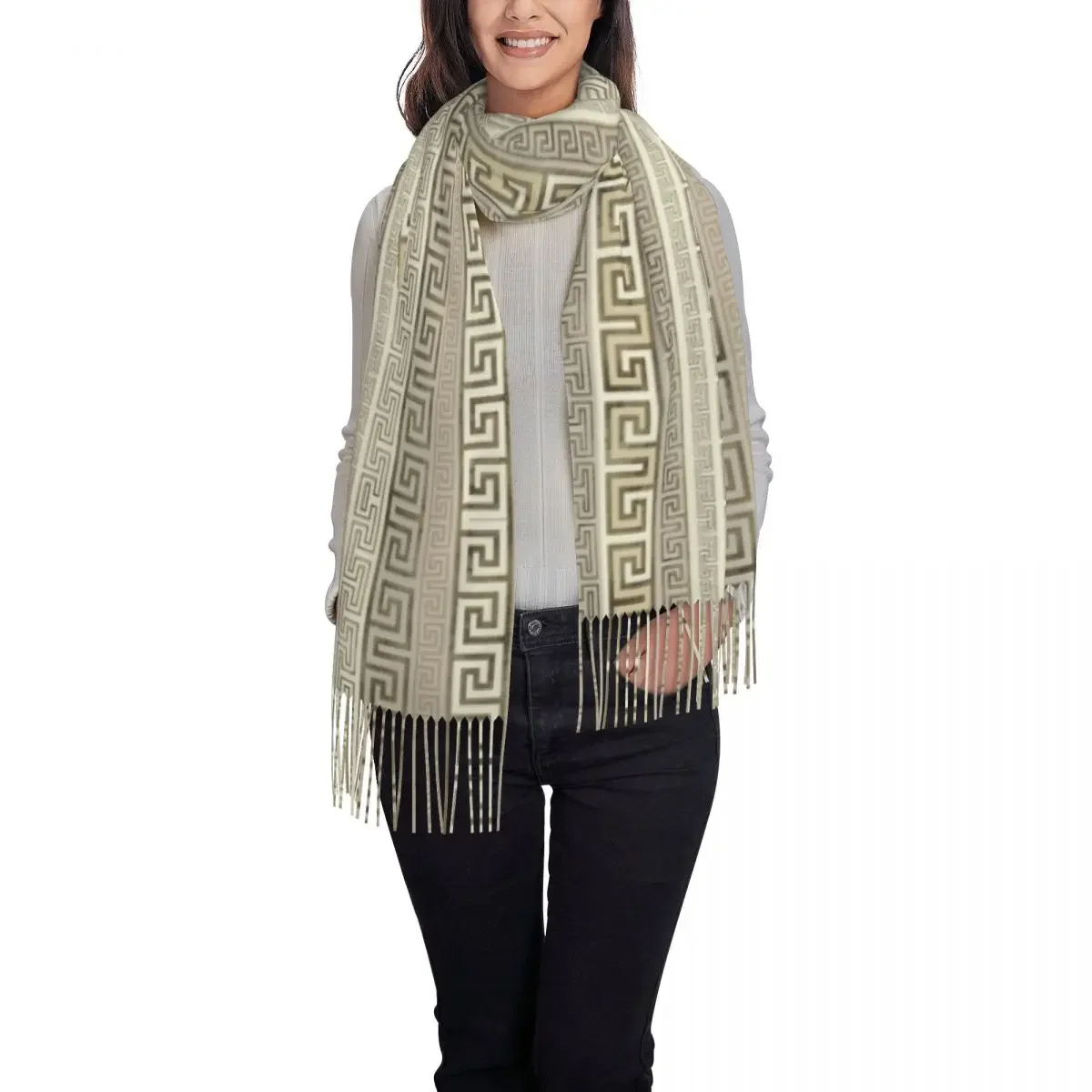 Greek Meander Pattern Tassel Scarf Women Soft Greek Key Ornament Shawls Wraps Lady Winter Scarves