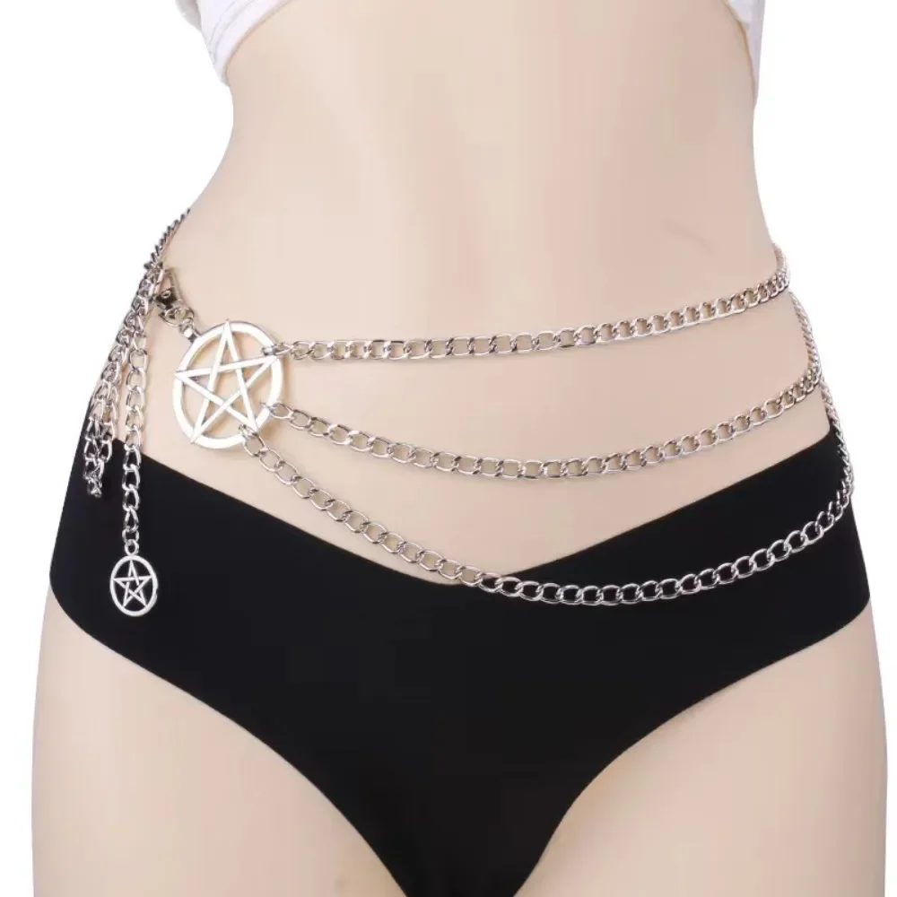 خمر سبيكة المرأة حزام البطن سلسلة الأزياء تنوعا تصميم فاسق الرجعية الخصر سلسلة مع سلاسل معدنية قلادة نجمة مزدوجة