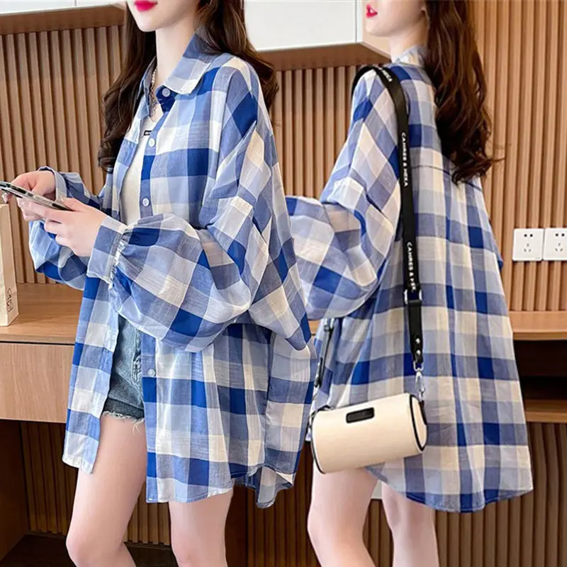 Women\'s Clothing Korean Plaid Loose Blouse Contrasting Colors Spring Summer Thin Long Sleeve Casual Basic Single-breasted Shirt