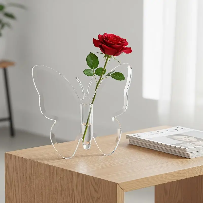 【New】Clear Acrylic Butterfly Shaped Vase High Transparent Finish For Home Hydroponic Flower Display Decor