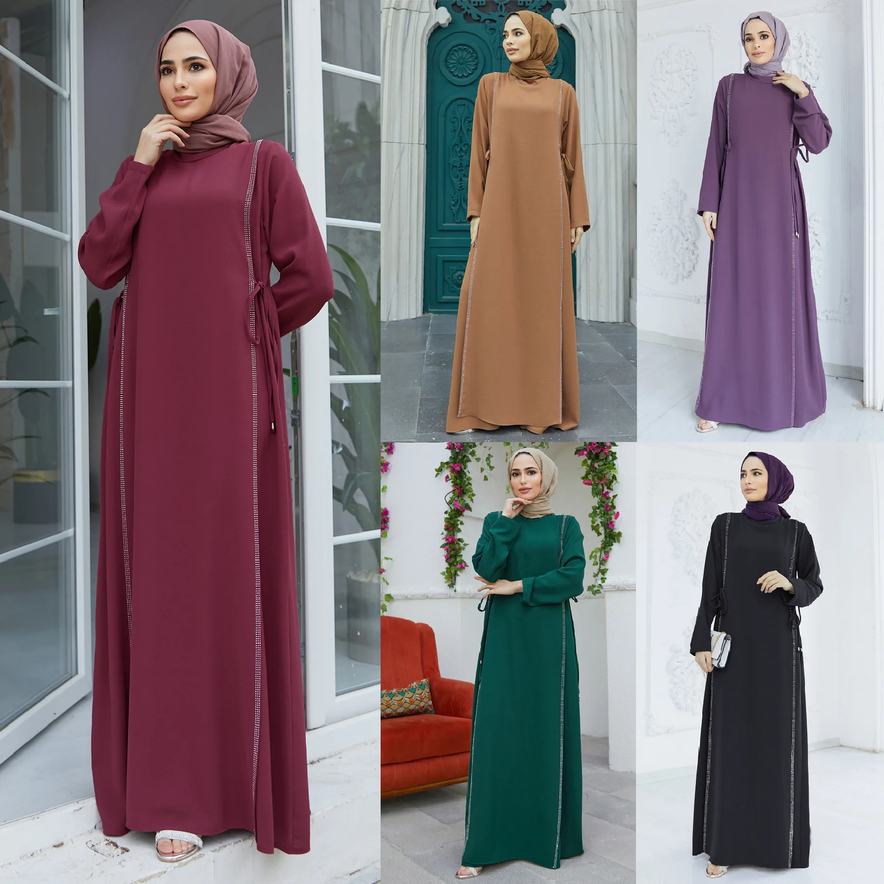 M199#Muslim Skirt Abaya Robe Hot Diamond Splicing Waist Dress