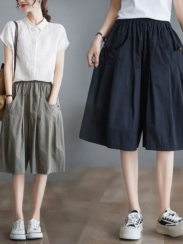High Waist Straight Leg Casual Thin Women's Summer Shorts Five-Quarter Length Loose Fit Comfortable Breathable Polyester Fiber