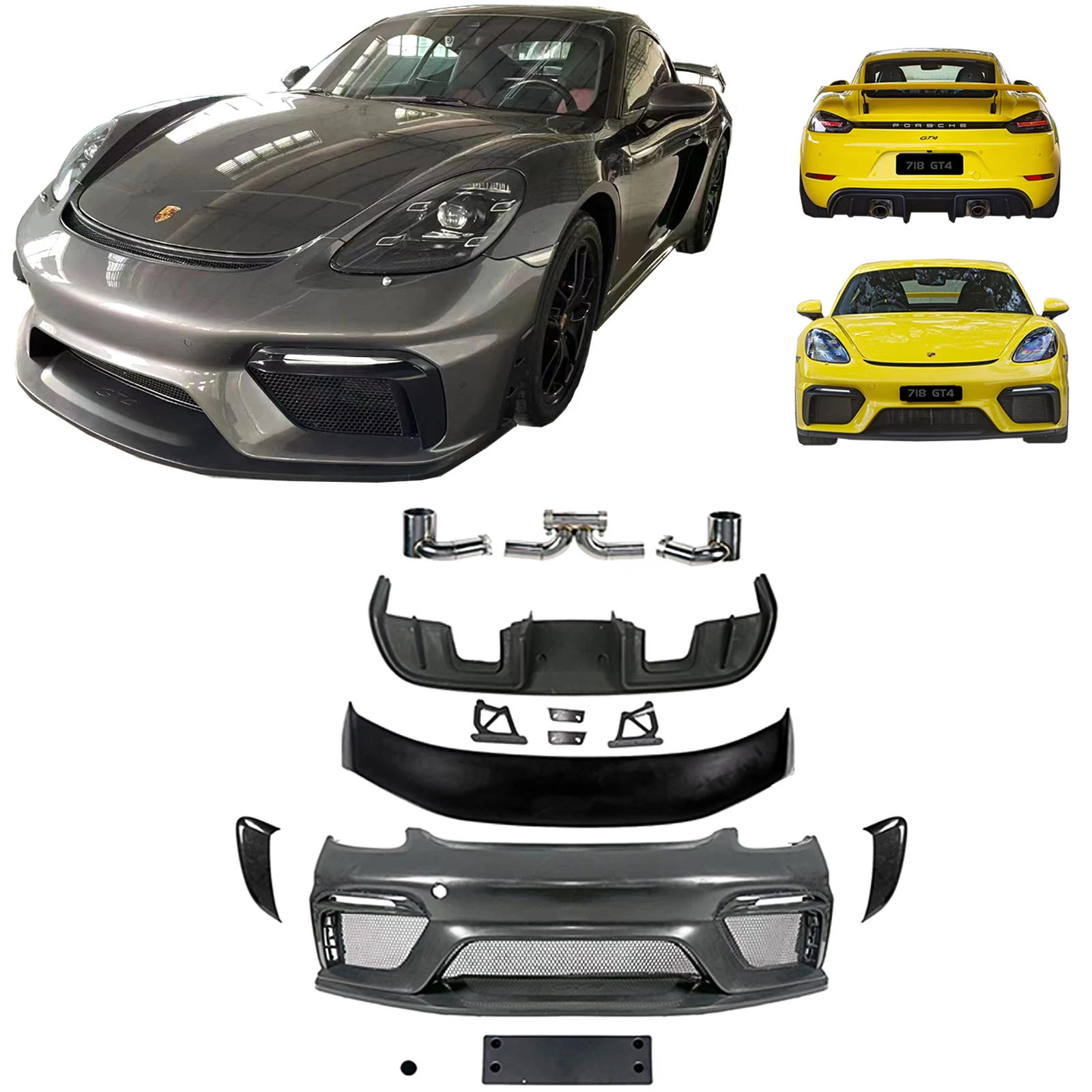 

GT4 Style PP Body Kit for Porsches Boxster Cayman 718 Front Bumper with Lip Rear Diffuser with Tips Rear Wing and Side Vent