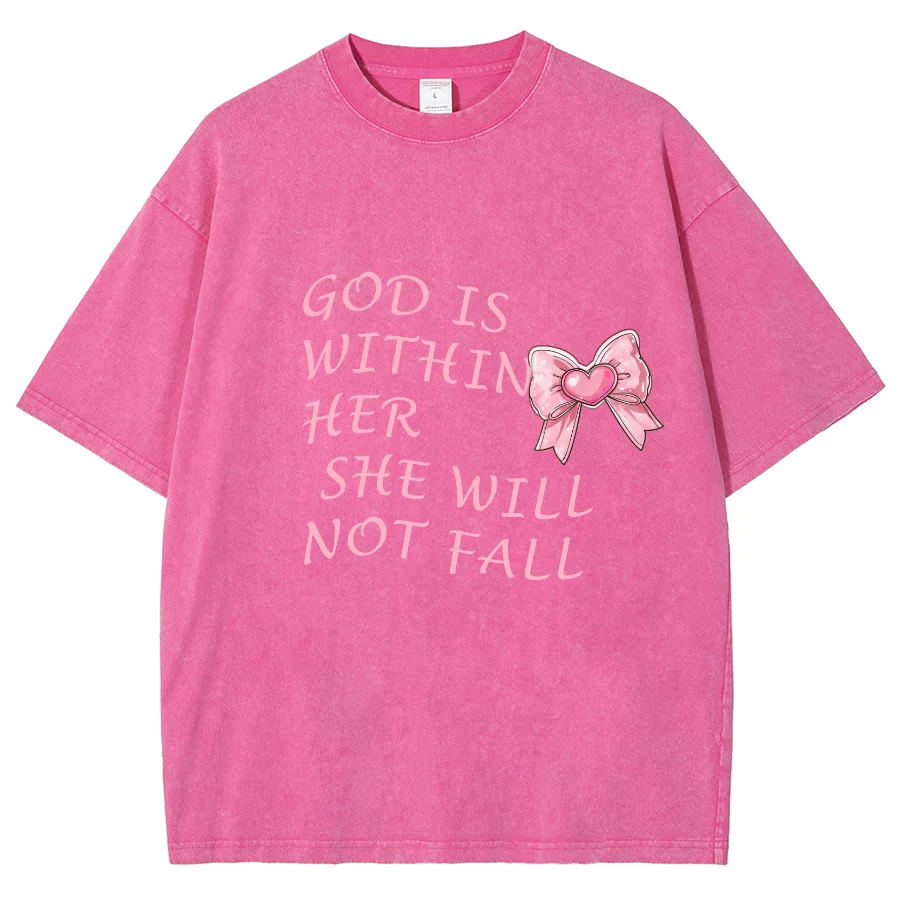 God Is Within Her Y2k Short Sleeves Washed T-Shirt, Creative Printed Unisex Vintage Streetwear New Fashion Casual Tee Plus-Size