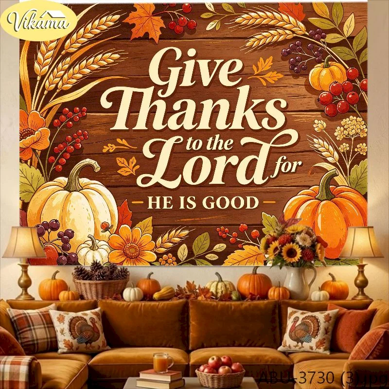 VIKAMA Thanksgiving Tapestry Wall Hanging Give Thanks Lord Pumpkin Wheat Fall Christian Religious Bedroom Decor