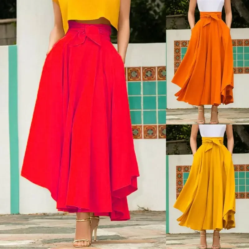 Women Elegant Pleated Maxi Skirt Boho Vintage Pleated Maxi Skirts Female High Waist Bandage Bownot Party Candy Color Skirts