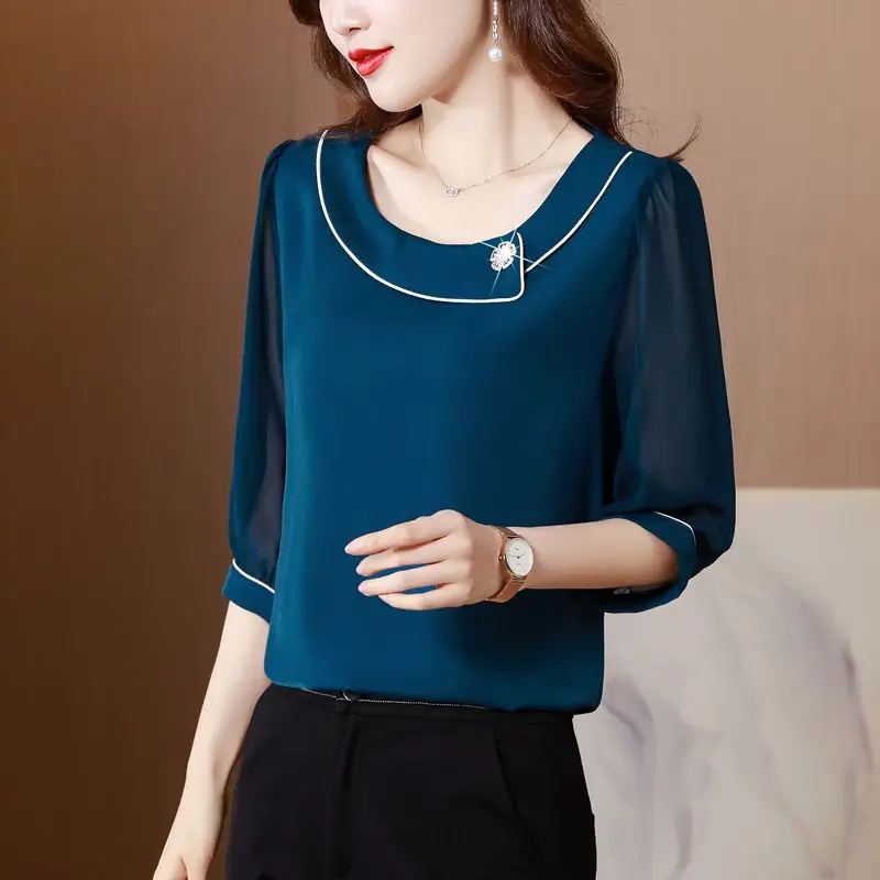 Oversized Chiffon Ladies Fashion Diamonds O-neck Half Sleeve Blouse Summer Simplicity Bright Line Decoration Pullover Shirts