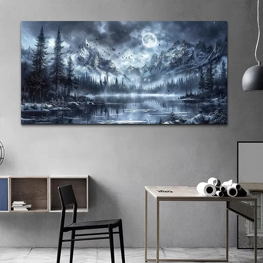 DIY Diamond Paitning Kits Full Drill Mountain Forest Landscapes  Black and White Lake Moon Diamond Embroidery Mosaic Big Decor