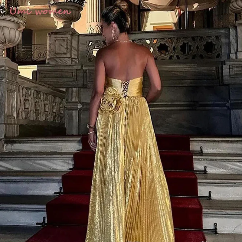 تخصيص فستان سهرة ذهبي لامع مثير الخامس الرقبة حزب ثوب بلا أكمام الطية عالية الشق الطية فساتين حفلة موسيقية رسمية