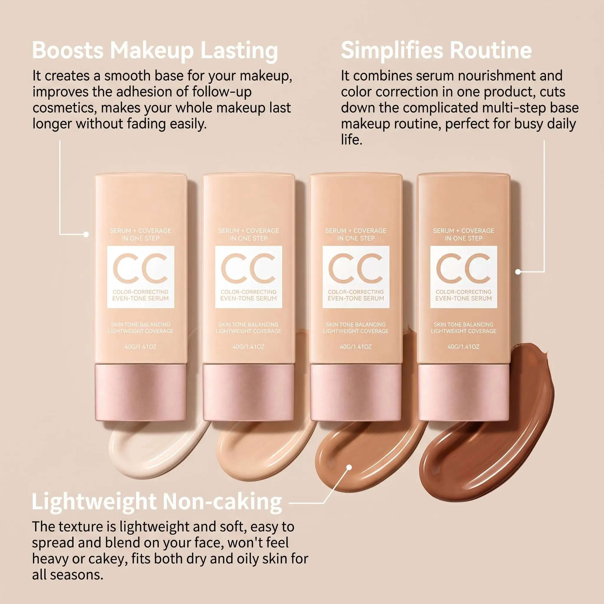 Color Changing CC Cream Self Adapt Skin Tone Cover Facial Blemish Refine Pores Matte Natural Finish Lightweight CC Tinted Serum