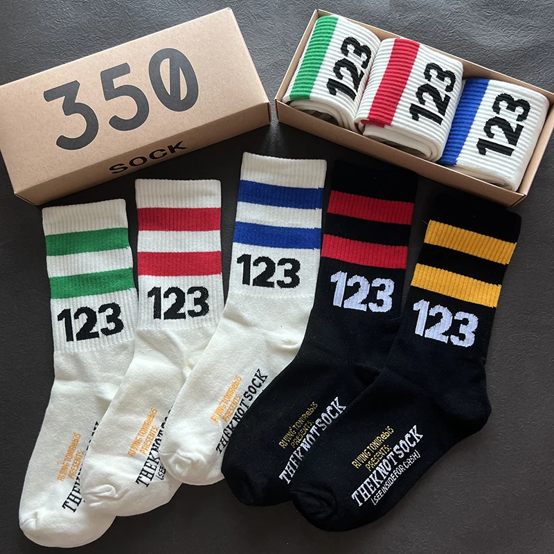 

3 Pairs/box Socks Men's New Fashion Stripe 123 Skateboard Sports White /Black Trend Hip Hop Couple Models Cotton Socks