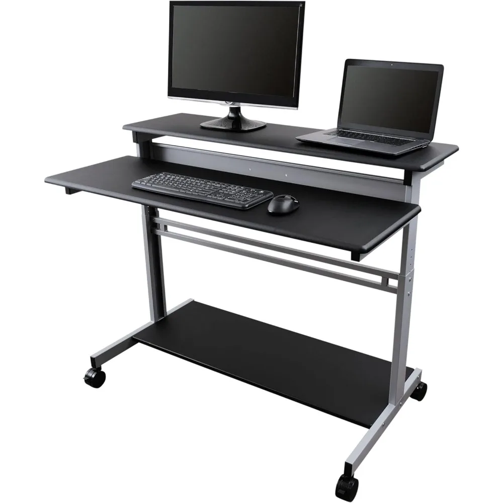 

Rolling Adjustable Height Two Tier Standing Desk Computer Workstation (Silver Frame/Black Top, 32 Wide)