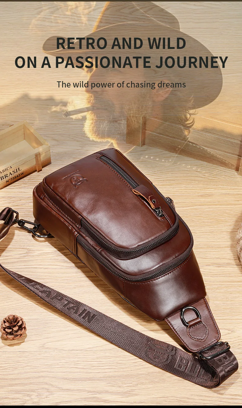BULLCAPTAIN Brusttasche aus echtem Leder, große Kapazität, lässige Umhängetasche, multifunktionale Umhängetasche aus Leder der ersten Schicht – Detail 4