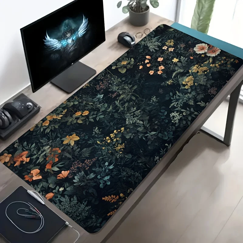 

Large-sized Esports Gaming Mouse Pad with a Dark-toned Floral and Foliage Pattern, Featuring a Non-slip, Washable Rubber Base.