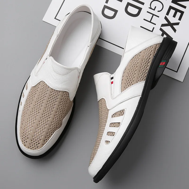 2023 Summer New Men\'s Business Casual Leather Shoes Fashion Soft Sole Mesh Shoes Breathable One Step Loafers Male Sandals