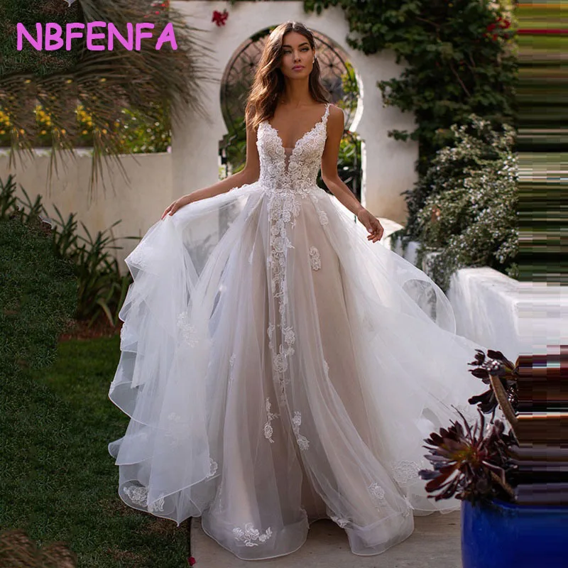 

NBFENFA Spaghetti Straps Wedding Dresses V-Neck Tulle with Applique Backless Bohemia Lace Bridal Gowns Plus Size Vestido Novia