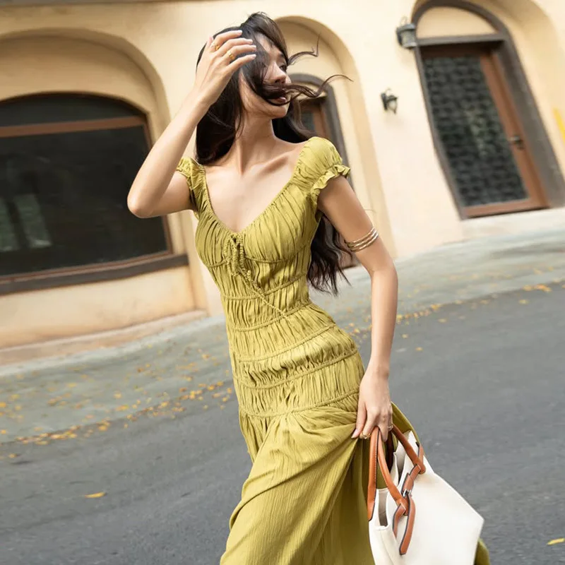 Fre Sle V-Ne Sve Insert Slim Fit Plissado Dr Faionable Nova Chegada Sexy Midi Dr Girl's Malha Verão Dr