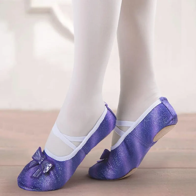 الفتيات بريق الشقق الباليه الرقص أحذية من الجلد للفتيات الجمباز الرقص ممارسة سبليت وحيد لا التعادل مع القوس سباركلي