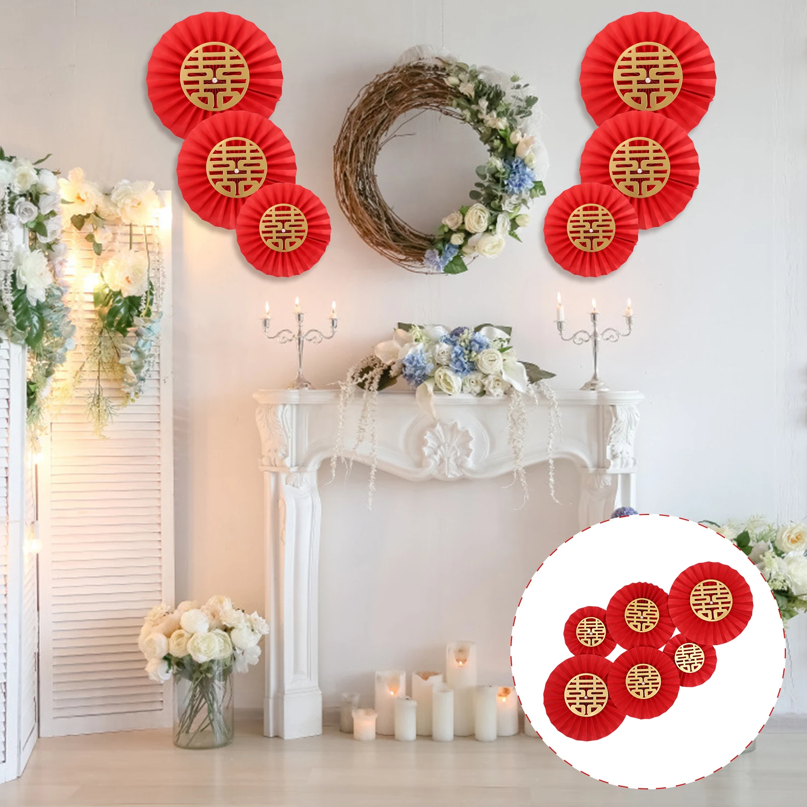 

6 Pcs Paper Fan Flower Decorations Fans Happy Word Wedding for Red Reception