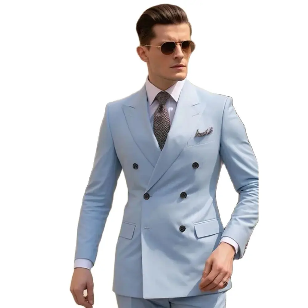 Chic Sky Blue Men Suits High Quality 2024 Double Breasted Peak Lapel Falt Front Elegant Wedding Tuxedo Slim Fit Full Set Outwear