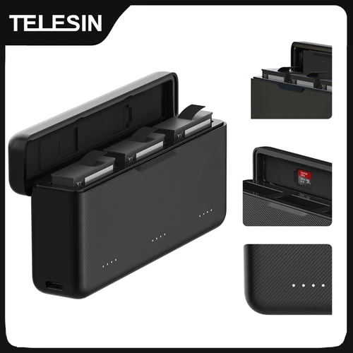 TELESIN-cargador de batería para DJI OSMO Action 3, 4, 5pro, 3 ranuras, tarjeta TF, almacenamiento de batería, caja de carga portátil