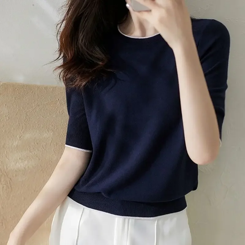 Women Spring Summer Thin Knitted Sweater Solid Casual O-Neck Basic Loose Soft Tops Harajuku Half Sleeve Navy Blue T Shirts