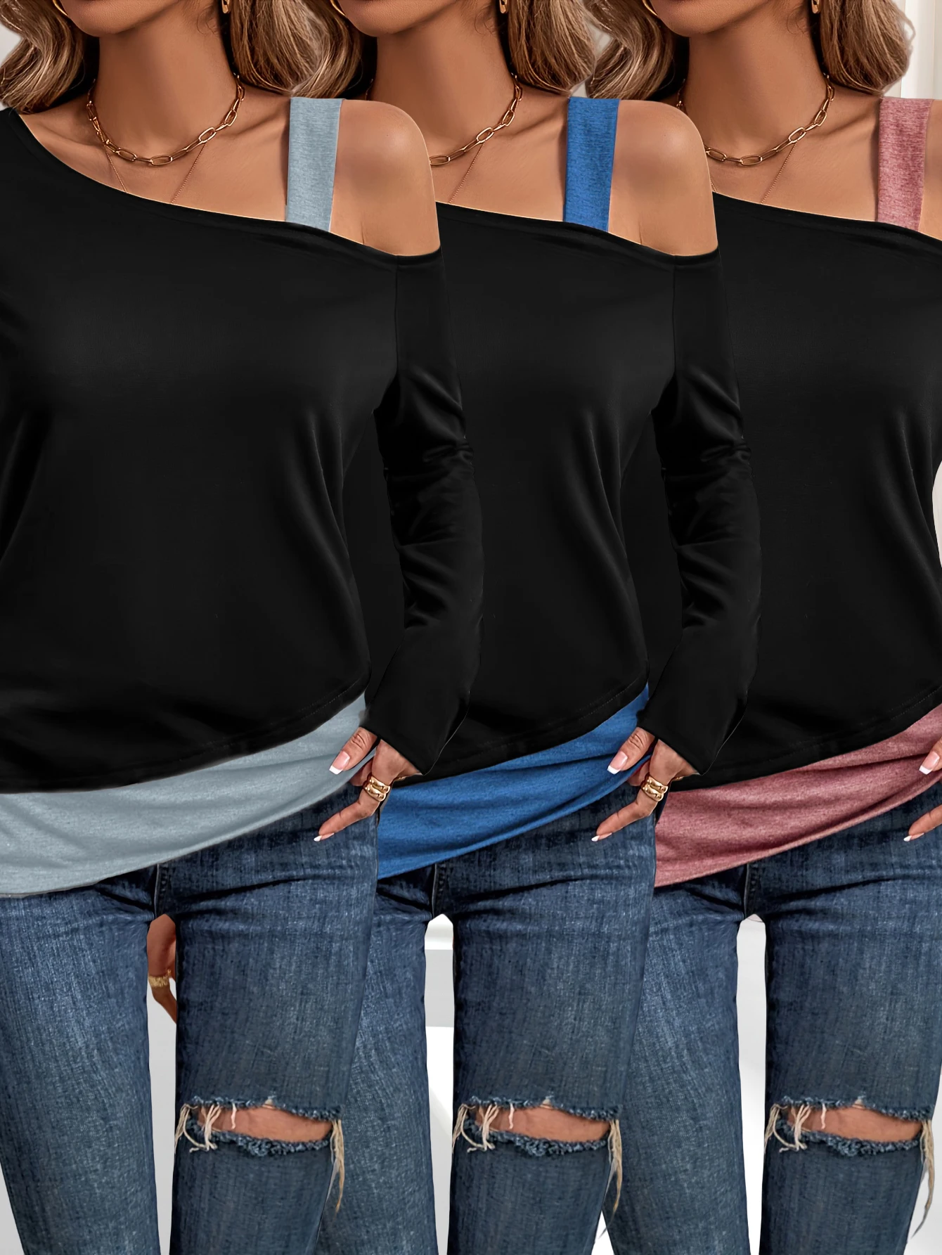 

A new solid color patchwork off-the-shoulder long-sleeved top set for women's fashion